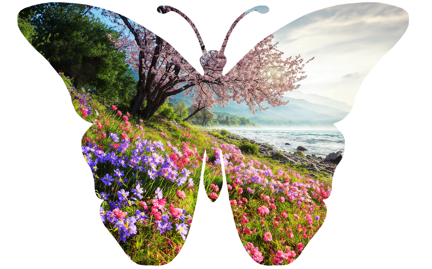 butterfly shape with a flowery meadow incorporated within